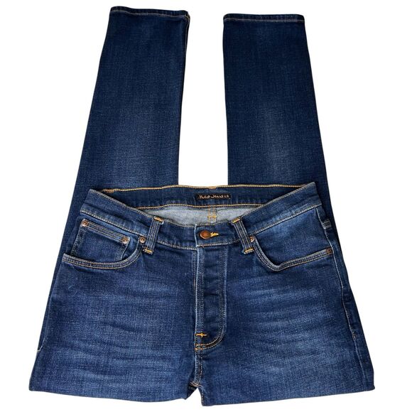 Nudie Jeans Mens 30x30 Dude Dan Indigo Blue Dark Wash Button Fly Straight Leg - Picture 1 of 11